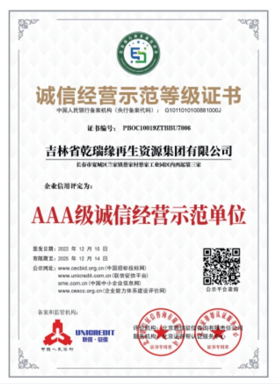 诚信经营示范等级证书